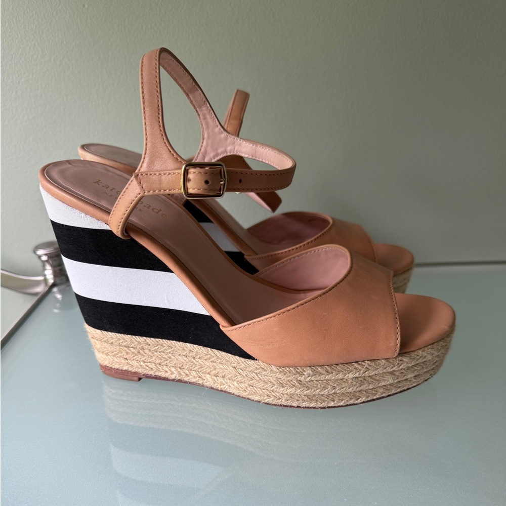 Kate Spade Tan and Black Wedges with White Stripes
